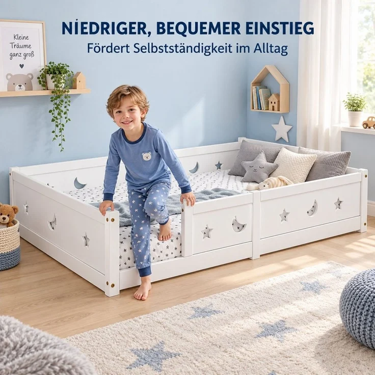 Simurq Kinderbett Bodenbett 140x200 cm, Massivholzbett mit Rausfallschutz & Lattenrost (1-tlg, Montessori Bett 140x200 mit Geländer), Jugendbett, Bettrahmen aus Massivholz, modernes Design – Bild 4