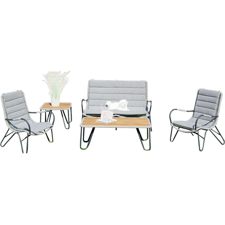 Sonnenpartner 5-teilige Lounge-Sitzgruppe Charité mit 2 Tischen Aluminium mit Teakholz/Polyrope silber