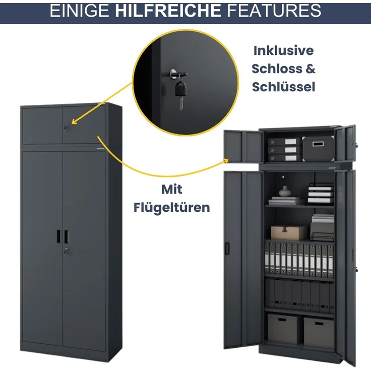Schrankerweiterung Aktenschrank mit 2 Flügeltüren | Zusatzschrank für Büroschrank Extraschrank Stahl Mehrzweckschrank klein Werkstatt, 38x80x40cm Anthrazit – Bild 5
