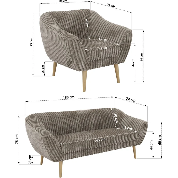 Wohnzimmerset PIRS 1-1-3, Skandinavisches 3-Sitzer Sofa mit Sesseln, Sofa mit Wellenfederung, Buche Füße, Skandinavisches Möbelset - Hellbraun Cord – Bild 5