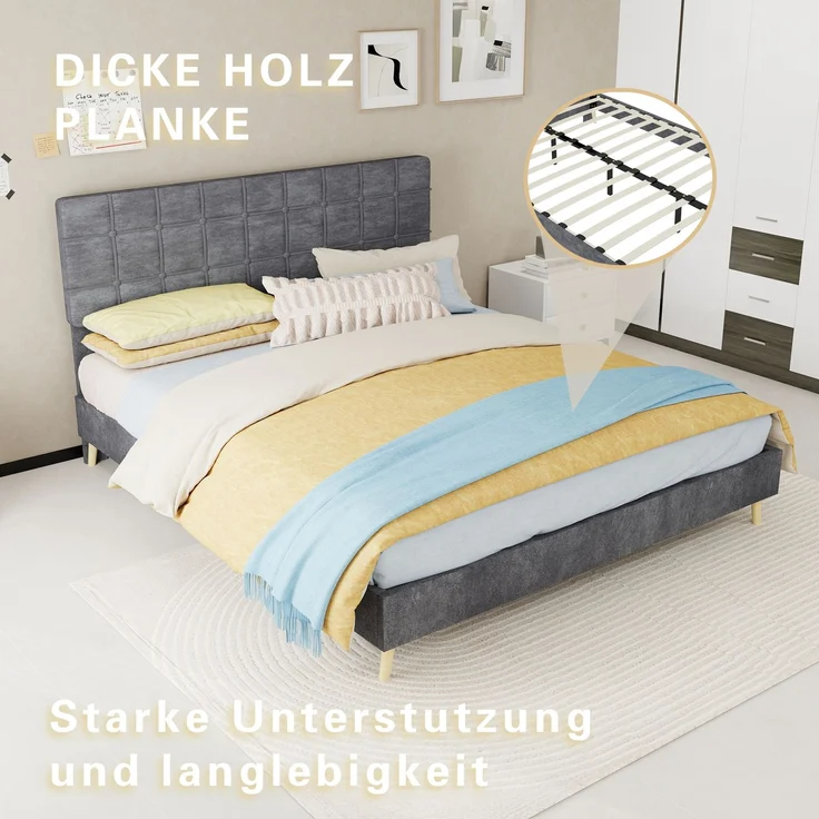 Novelux Polsterbett 160x200 cm mit gepolstertem Kopfteil im Karomuster - Stabiles Stoffbett Doppelbett mit Massivholzfüßen, Dunkelgrau, Skandinavisch – Bild 5