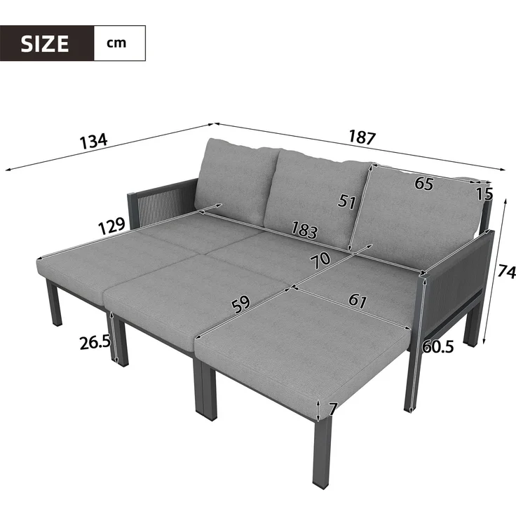 Merax Gartenmöbel-Set, Outdoorsofa, 3-Sitzer-Sofa, Multifunktionales Sofa, lässt sich in einen Liegesessel verwandeln, verzinktes Eisen, grau – Bild 4