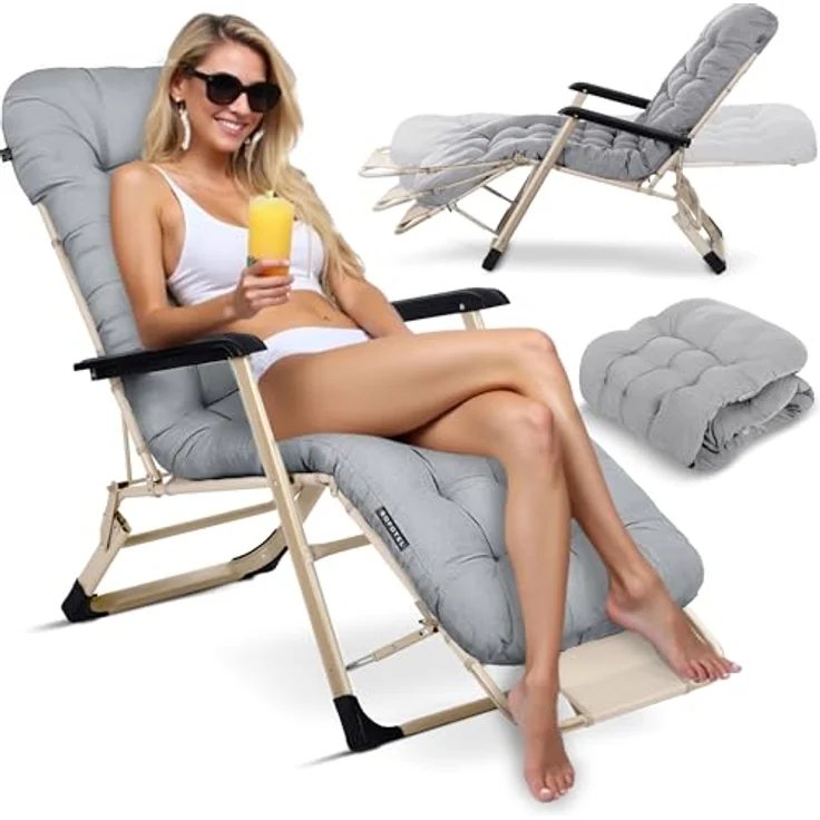 Sofotel Sonnenliege Klappbare Gartenliege Bis 120 kg Liegestuhl mit Kissen und Kopfstütze Grau Beige ChillWell Luxury – Bild 2