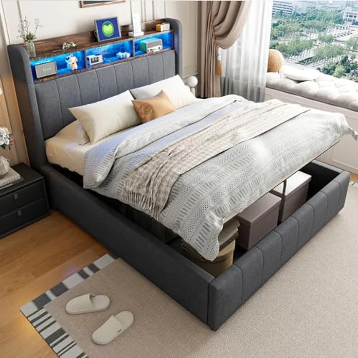 Ball & Cast Polsterbett (140x200 cm) mit hydraulischem Stauraum, Doppelbett mit Beleuchtung und USB-Ladefunktion, Einfach & Zeitsparend Montierbar, Grau – Bild 2