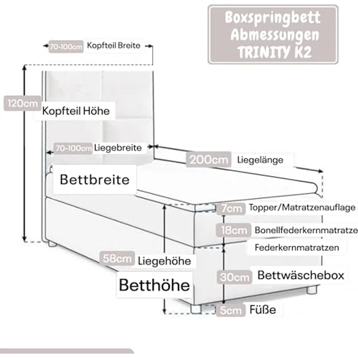 Best for Home Boxspringbett K2 SINGLE mit Bettkasten (Creme 90x200) – Bild 6