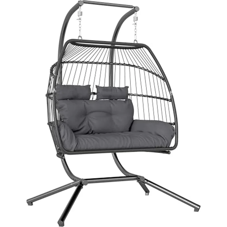 Outsunny Schaukelstuhl mit Kissen, ergonomisch, für 2 Personen (faltbar Hängesessel mit Gestell, 1 St), belastbar bis 260kg, für Balkon, Terrasse, Dunkelgrau