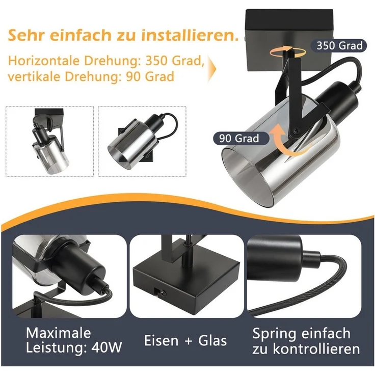 Nettlife Deckenstrahler Vintage 1/2/3/4 flammig Deckenstrahler Rauchgrau, Schwenkbar 350°, LED wechselbar, für Wohnzimmer Schlafzimmer Flur Küche – Bild 2