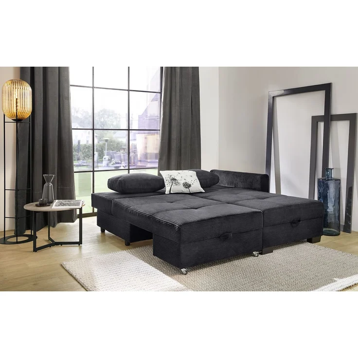 Ecksofa Schwenkfunktion Doppelbett Schlafcouch Bettkasten Cordbezug in Schwarz – Bild 5