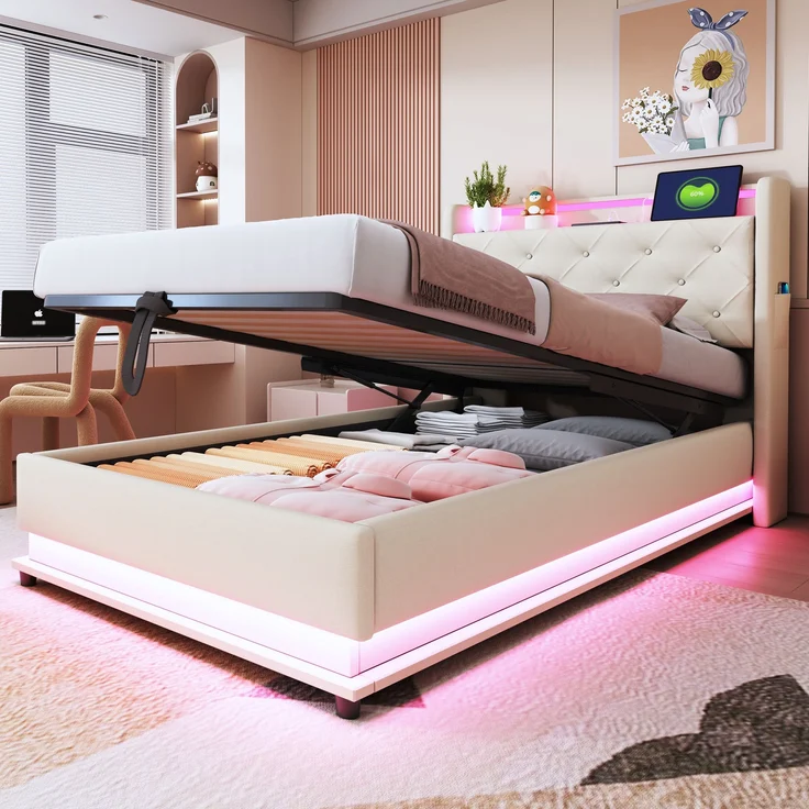 Polsterbett 90x200 cm aus Leinenstoff mit Stauraum und LED-Beleuchtung, ohne Matratze – Bild 1