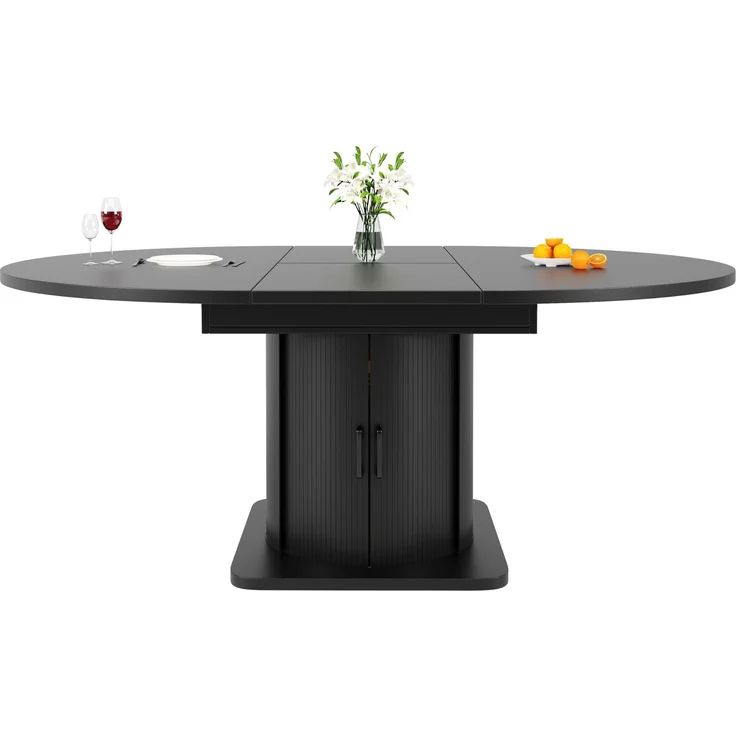 Ausziehbarer Esstisch mit Stauraum, ovaler Esszimmertisch mit Schrank (schwarz)