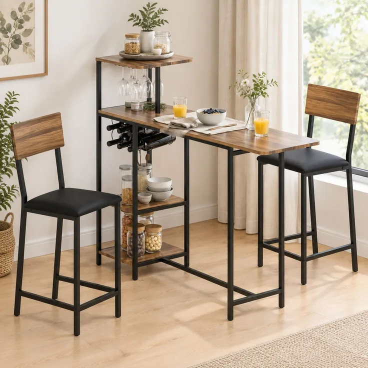 Bartisch-Set 110x40 cm, ausziehbar auf 140x40 cm – mit Weinablage und 2 Barhockern