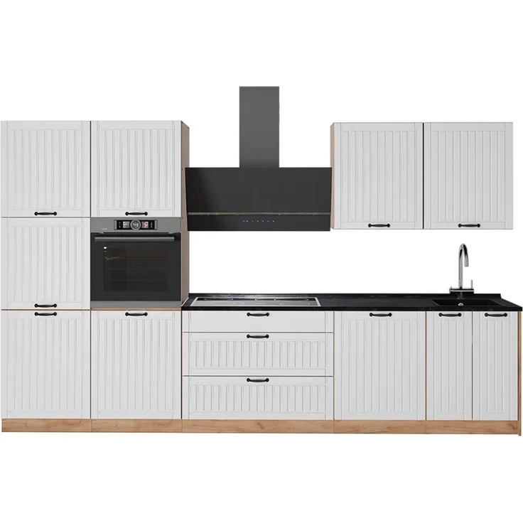 Küchenzeile Fame-Line Weiß Landhaus/Goldkraft Eiche 340 cm, AP Anthrazit Vicco – Bild 1
