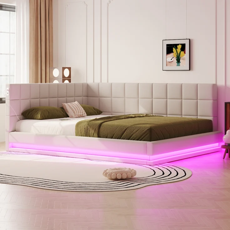 Polsterbett, Schlafsofa Multifunktionsbett mit LED-Lichtleiste USB Steckdose Lattenrost, Samt, Beige, 160x200cm – Bild 1