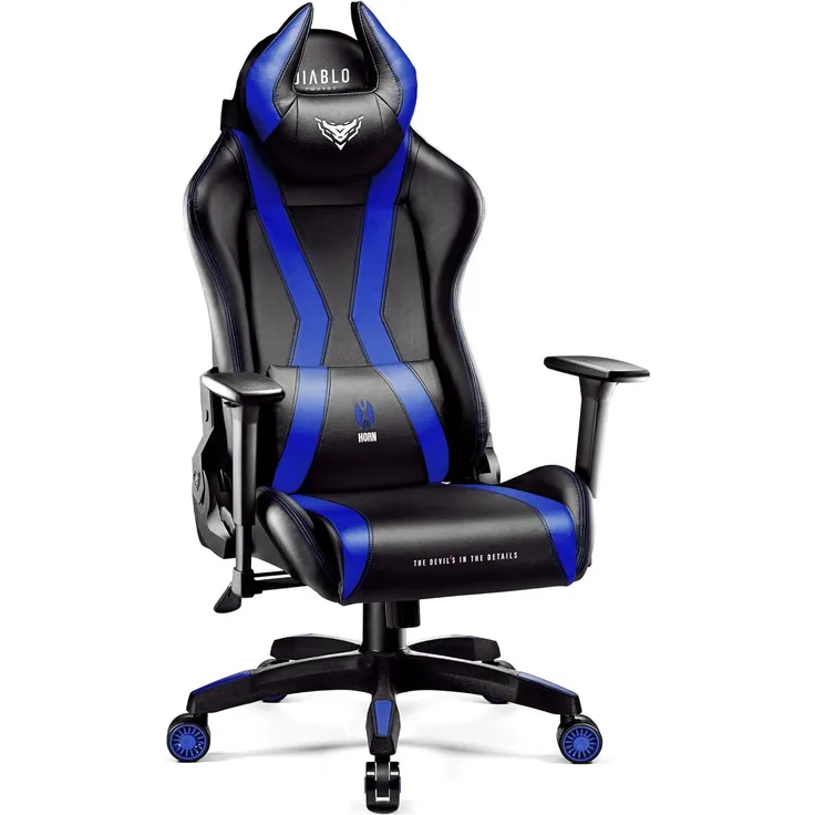 Diablo X-Horn 2. 0 Gaming Stuhl Bürostuhl Gamer Chair Schreibtischstuhl 3D Armlehnen Ergonomisches Design Nacken/- Lendenkissen Kunstleder Wippfunktion Blau Normal (L)