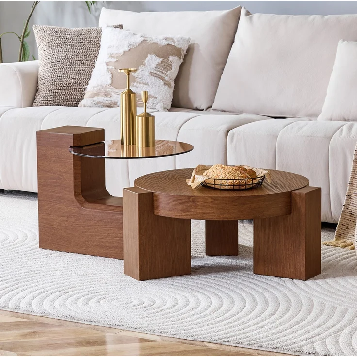 DESVIAE Couchtisch-Set 2-tlg. mit Sicherheitsglas Ø61x30 cm, MDF in Nussbaumoptik, braun – Bild 2