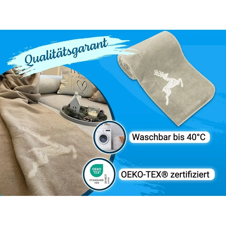 ZOLLNER Kuscheldecke, 150x200 cm, creme (beige) mit Hirschmotiv, 60% Baumwolle / 40% Polyacryl – Bild 2