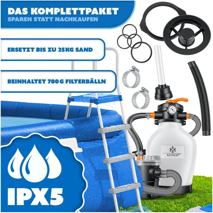 KESSER Sandfilteranlage 600W Sandfilter für Pools 13200L/h Durchfluss Poolfilter 7-Wege Ventil (Filteranlage mit Pumpe, 1200g Filterbälle Druckmanometer, Abdeckung), Tankvolumen für bis 30kg Sand Professionelle Poolwasserfilterung – Bild 4