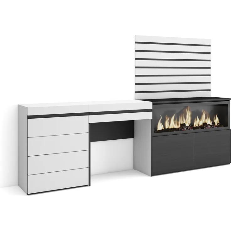Skraut Home | Schminktisch | Frisiertisch mit Stauraum | 234 x 145 x 35 cm | mit Schublade | Elektrokamin XXL | Kommode mit Schubladen | Lamellenwand Holz | Moderner Stil | Weiß