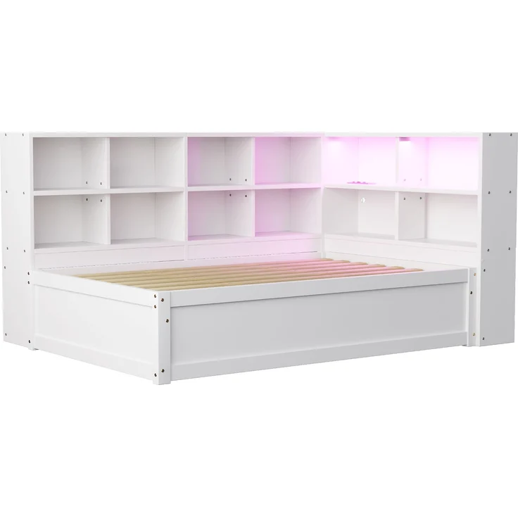Bett 90x200 cm mit Stauraum und LED-Lichtleiste – multifunktionales Schlafsofa aus Kiefernholz in Weiß – Bild 10