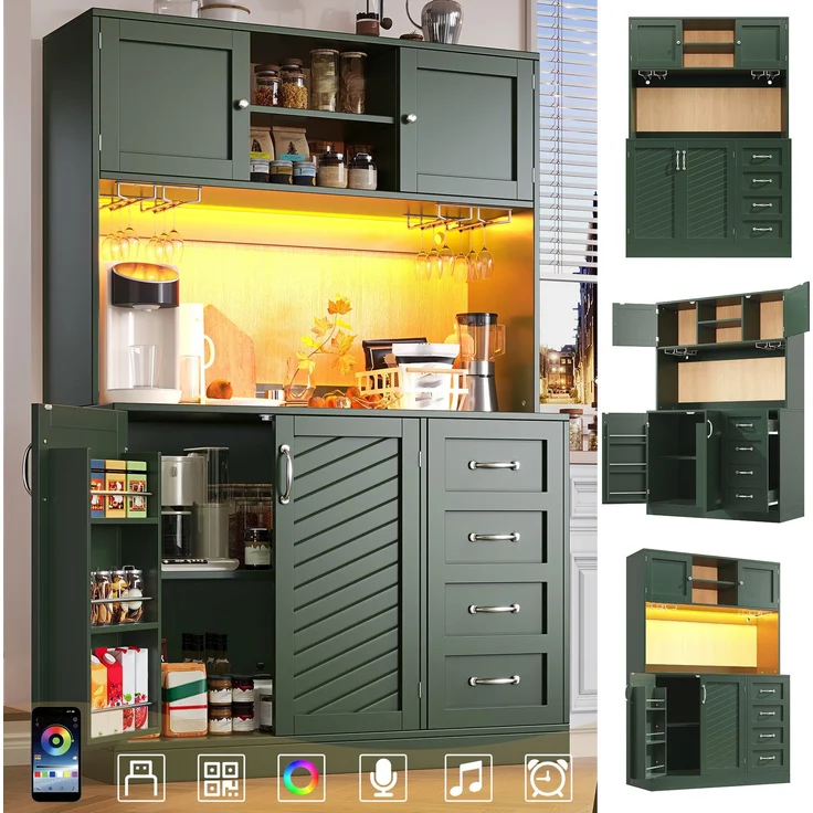 Seitenboard / Aufbewahrungsschrank / Küchenschrank / Buffetschrank, 120x40x188cm, mit LED-Beleuchtung, Snackregal & Getränkehaltern, 4 Türen & 2 große Schubladen, Grün/Schwarz/Weiß--Grün--120x40x188cm--YOUDENOVA – Bild 1