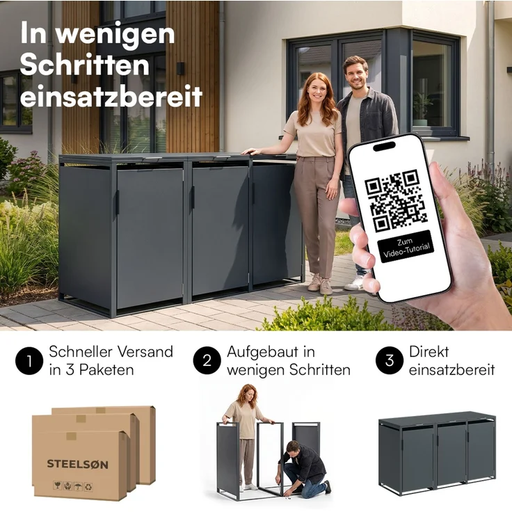 STEELSØN 'Thoria' Mülltonnenbox 3er je 120 Liter, anthrazit, Mülltonnenverkleidung aus Stahl, wetterfest, 102x62x177,5 cm, Müllbox für 3 Tonnen – Bild 10