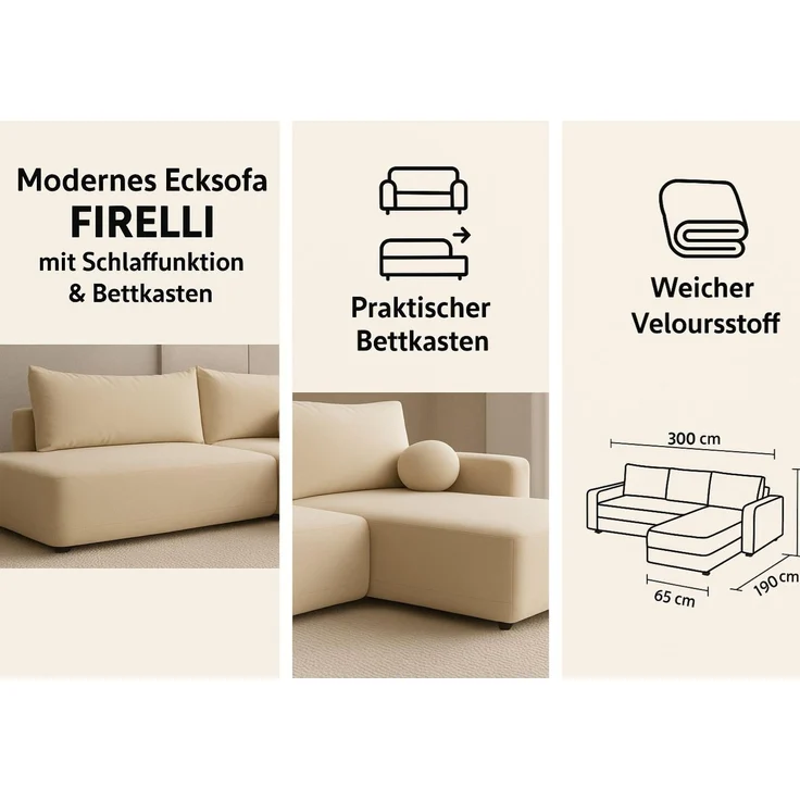 Wohnero24 Ecksofa FIRELLI Rechts 300×190 cm – Modernes Schlafsofa mit Bettkasten – Weicher Velours Stoff Creme – Schlaffläche 225×140 cm – Bild 9