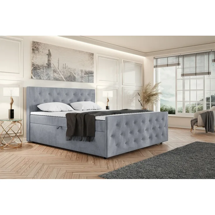 MEBLINI Boxspringbett PEDRO 180x200cm - H3B/Grau Samt - mit Bettkasten - Polsterbett - Doppelbett mit Topper & Bonellfederkern-Matratze