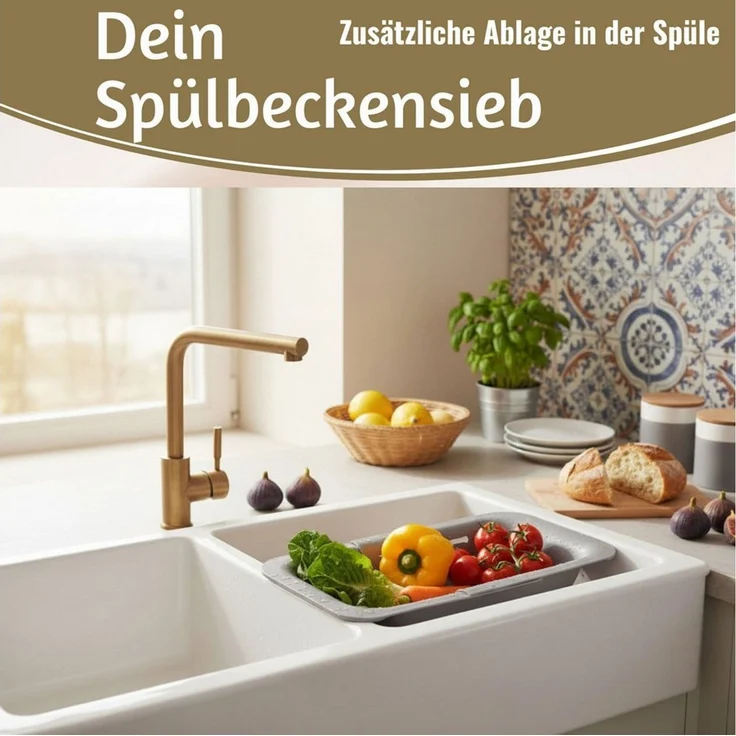 LS-LebenStil Küchensieb Abtropfsieb Ausziehbar Spülbeckensieb Organizer für Spülbecken, Kunststoff, (Siebkorb für Obst, Gemüse, Nudeln - Abtrogfestell für Geschirr, 1-St, Lebensmittelecht, BPA-frei, flexibler Abtropfkorb, Nudelsieb, Seiher), Abflusssie... – Bild 3