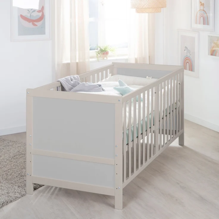 roba Babybett EASY SLEEP 70 x 140 cm inkl. Umbauecken + Matratze safe asleep® Roll Air - Mitwachsendes Gitterbett 3-fach höhenverstellbar - 3 Schlupfsprossen - Hellgrau – Bild 2