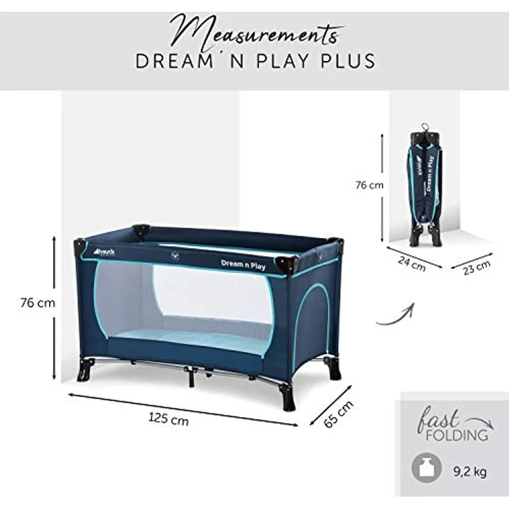 Hauck 'Dream’n Play Plus' Reisebett 3-teilig 120x60 cm, ab Geburt bis 15 kg, inkl. Tragetasche, Einlageboden und Schlupf (faltbar, tragbar, leicht & kippsicher), navy/aqua – Bild 5