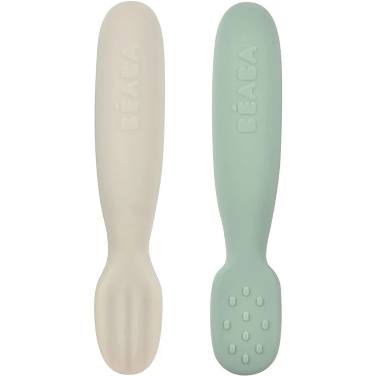 BÉABA, 2er-Set Babylöffel 1. Lebensjahr, Silikon-Pre-Löffel, Babybesteck, ab 4 Monaten, Ergonomische Form, Verschiedene Texturen, Ergonomischer Griff, Salbeigrün/Samtgrau