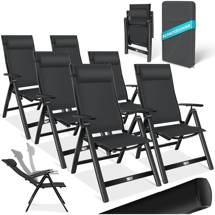 KESSER® Gartenstuhl Hochlehner mit Armlehnen | Aluminium Klappstuhl inkl. Kopfkissen Campingstuhl 7-Fach Verstellbar Rückenlehne | Atmungsaktiv & Wetterfest | Klappbar & Anti-Rutsch Schwarz, 6 Stück