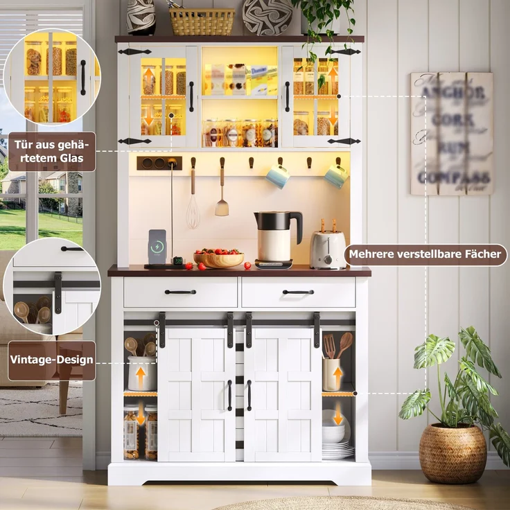Küchenschrank, Buffetschrank, Sideboard mit Steckdose und LED-Beleuchtung, Küchenmöbel mit Arbeitsplatte, 6 Schubladen, verstellbare Einlegeböden, Haken, 180 × 108 × 40 cm, Weiß – Bild 6