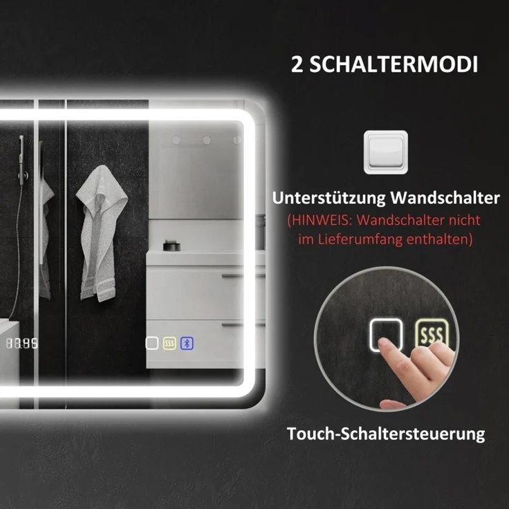 Badspiegel 70x90x3.5 cm mit LED-Beleuchtung, Bluetooth und Antibeschlagfunktion, Silber – Bild 4