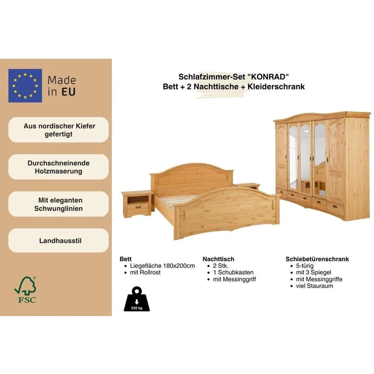 Home affaire Schlafzimmer-Set "Konrad", komplettes Schlafzimmer mit großem Schrank, (Set, 4-tlg, Kleiderschrank 5 türig mit Schubladen, 2 Nachttische, Bett 180x200cm), klassischer Landhausstil, Metallgriffe, Massivholz (Kiefer) – Bild 2