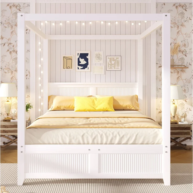 CHICFURN Bett aus Kiefernholz und MDF Weiß 140x200 cm mit Himmelrahmen und Lamellen – Bild 2