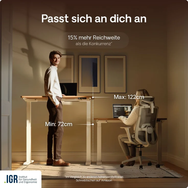 Desktronic HomeOne Elektrisch höhenverstellbarer Schreibtisch 140x70cm Weiß/Walnuss mit Memory-Funktion, Anti-Kollisions Technologie, USB-A und USB-C-Ladeanschlüssen – Bild 7