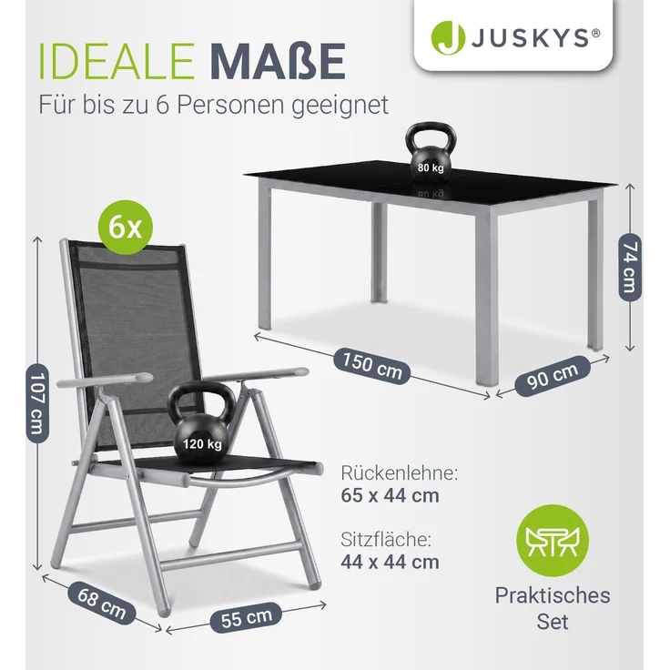 Juskys Aluminium Gartengarnitur Milano Gartenmöbel Set mit Tisch und 6 Stühlen Silber-Grau mit schwarzer Kunstfaser Alu Sitzgruppe Balkonmöbel – Bild 6