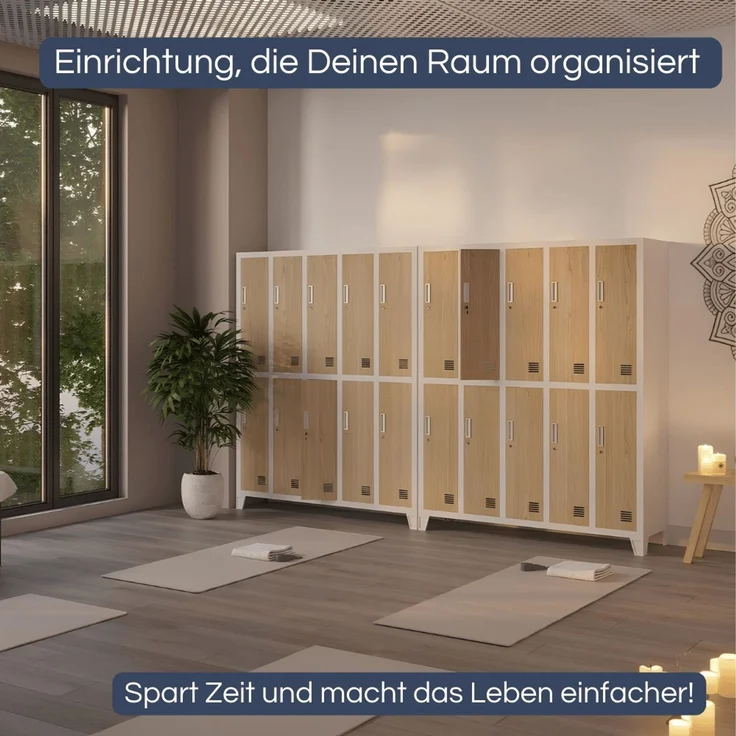 Umkleideschrank Spind BERLIN - 10 Abteile, Etikettenhalter Lüftungsschlitze | Umkleidespind Schließfachschrank Garderobenspind, 172x136x45cm Weiß-Sonoma Eiche – Bild 3