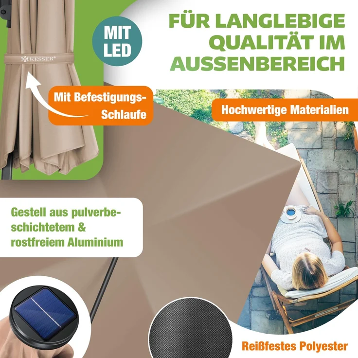 KESSER® Sonnenschirm Ampelschirm SUN XL 300 x 300 cm Inkl. Abdeckung +Windsicherung Drehbar Neigbar Kippbar Marktschirm Groß 360° Rotation, Gartenschirm mit Kurbel Sonnenschutz UV50+ Taupe, Mit LED – Bild 3
