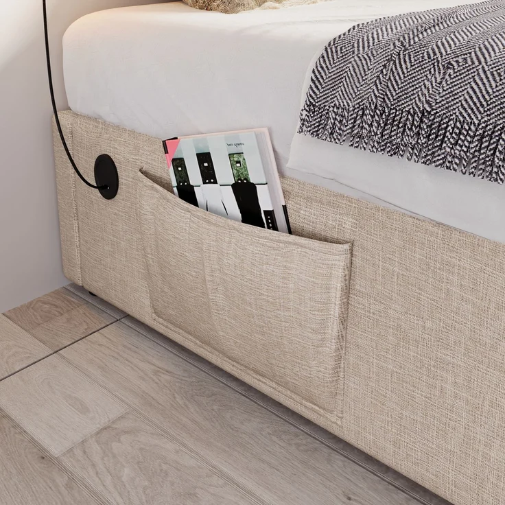 Polsterbett Doppelbett 140×200 cm, Struraumbett Bettgestell mit USB- C und Vollflächiger Lattenrost, Ohne Kopfteil, Leinen, Natürlich – Bild 5