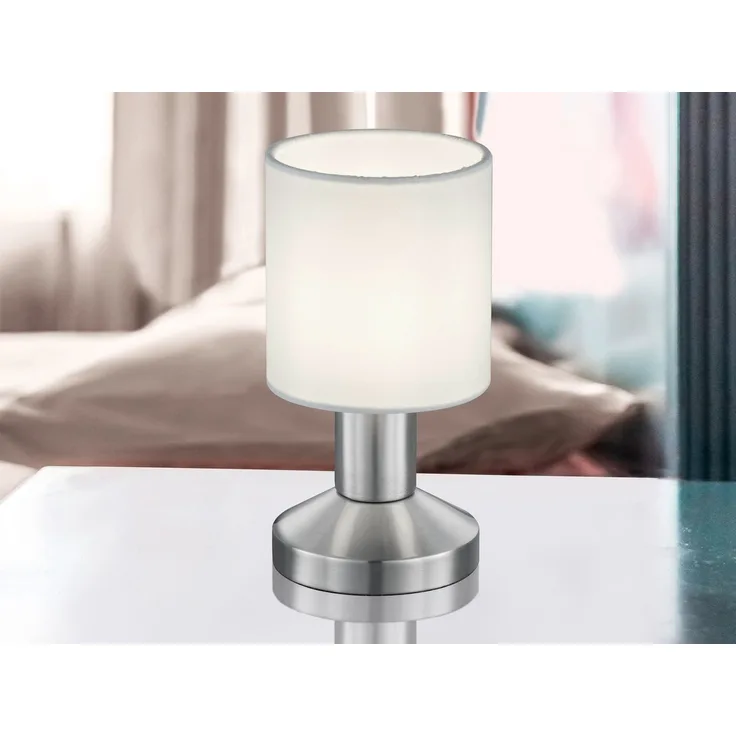 Kleine Touch Tischleuchte GARDA Silber mit Stoffschirm Weiß, Höhe 18cm