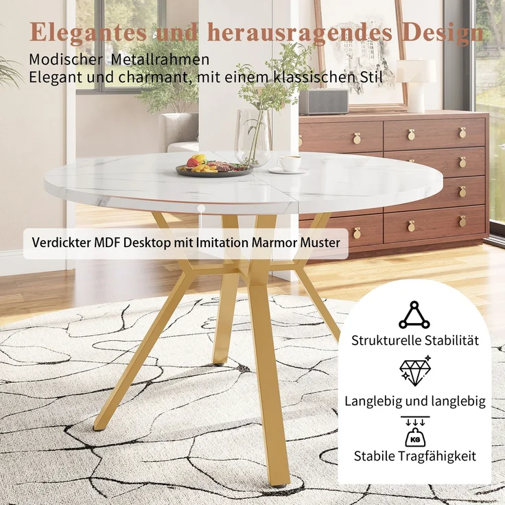 Moderner und schlichter runder Marmor-Esstisch (Durchmesser 1 m), goldener X-förmiger Couchtisch mit Metallhalterung, stabil und langlebig, ein Muss für modische Häuser – Bild 6