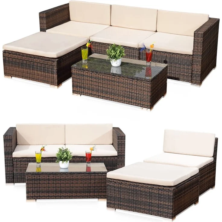 Gartenmöbel 5tlg. Sitzgruppe Sofa Lounge Polyrattan Essgarnitur Sitzkissen braun – Bild 1