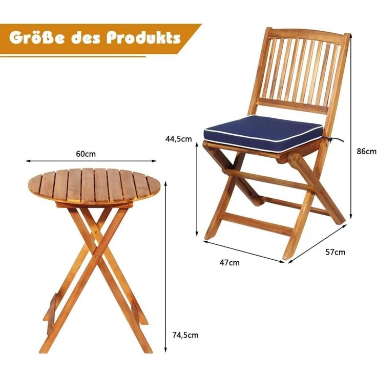 3tlg. Gartenmöbel Set Akazienholz klappbar mit Kissen Blau – Bild 6