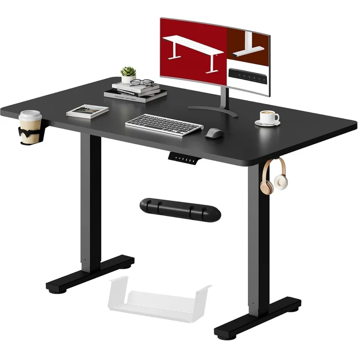 SANODESK Höhenverstellbarer Schreibtisch mit VOLLSTÄNDIGER TISCHPLATTE, 4 Zubehörteilen (Becherhalter, Haken, Aufbewahrungsbox, Kabelmanagement), ergonomisch für Büro und Homeoffice, Schwarz, 110x54CM – Bild 1