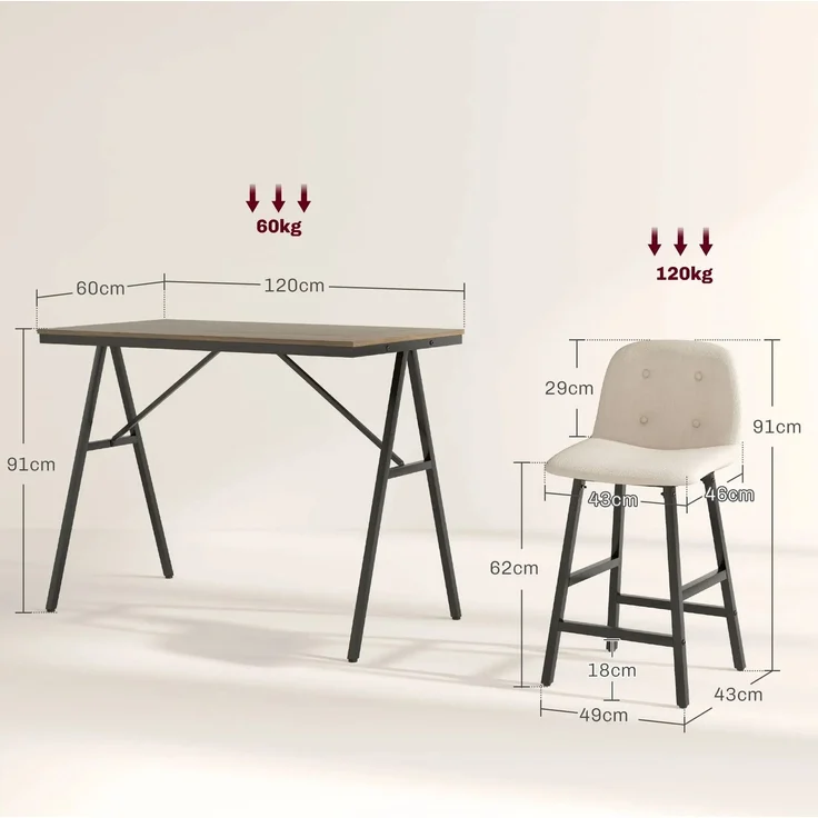 Bartisch-Set 120x60x91 cm mit 4 gepolsterten Barhockern, Stahlgestell, Beige – Bild 5