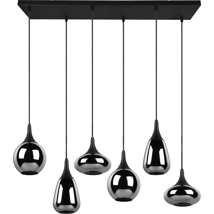 Hängeleuchte, Metall schwarz, Glas chrom, 6 Flammig, H 150cm