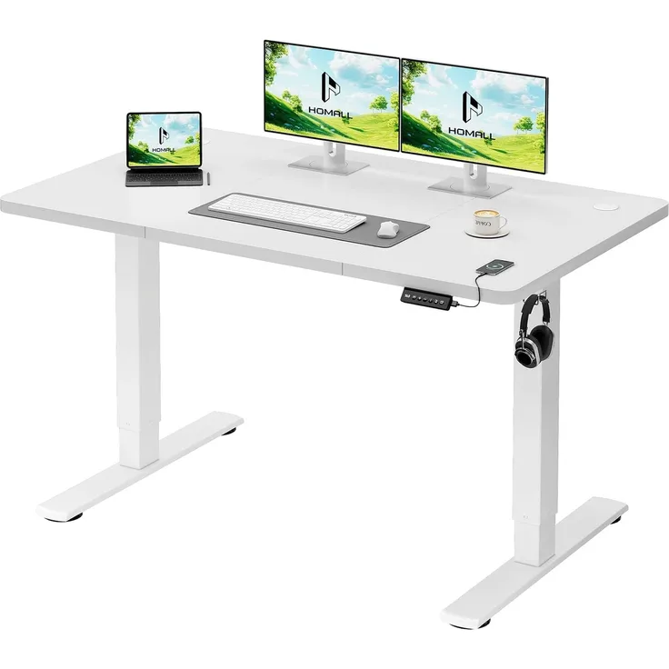 Homall Höhenverstellbarer Schreibtisch 120x60cm mit USB-Anschluss,Weiß | Höhe verstellbar 73-118 cm, Memory-Funktion mit 2 Höhen,1 Haken, Bürotisch