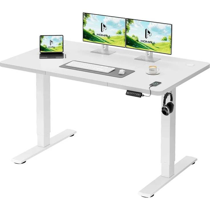Homall Höhenverstellbarer Schreibtisch 120x60cm mit USB-Anschluss,Weiß | Höhe verstellbar 73-118 cm, Memory-Funktion mit 2 Höhen,1 Haken, Bürotisch